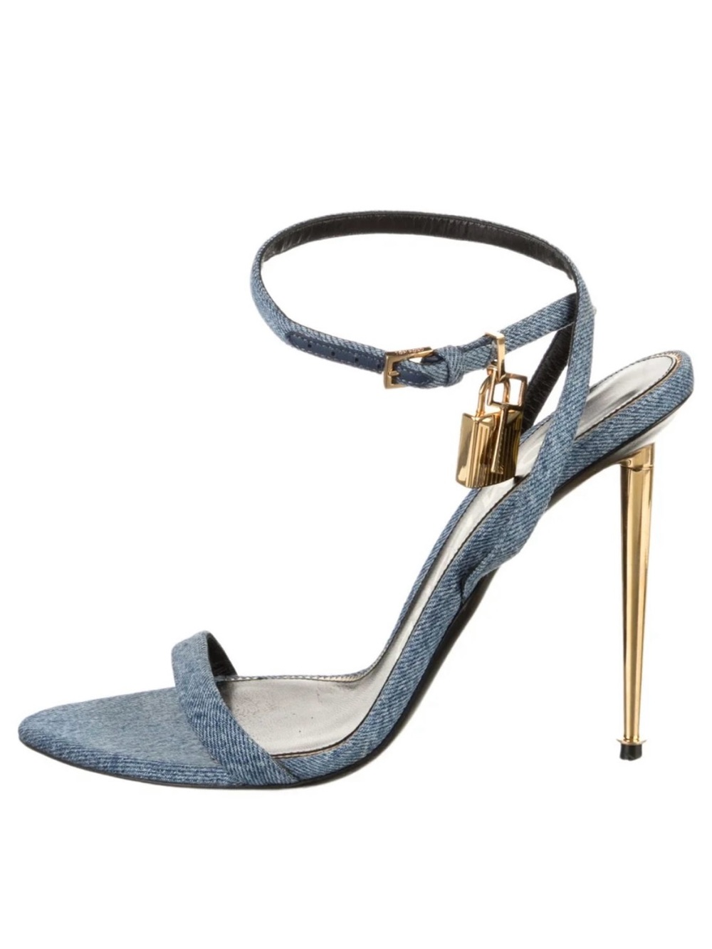 Tom Ford Denim Blue Ankle-Strap Stiletto Sandals with Gold Hardware